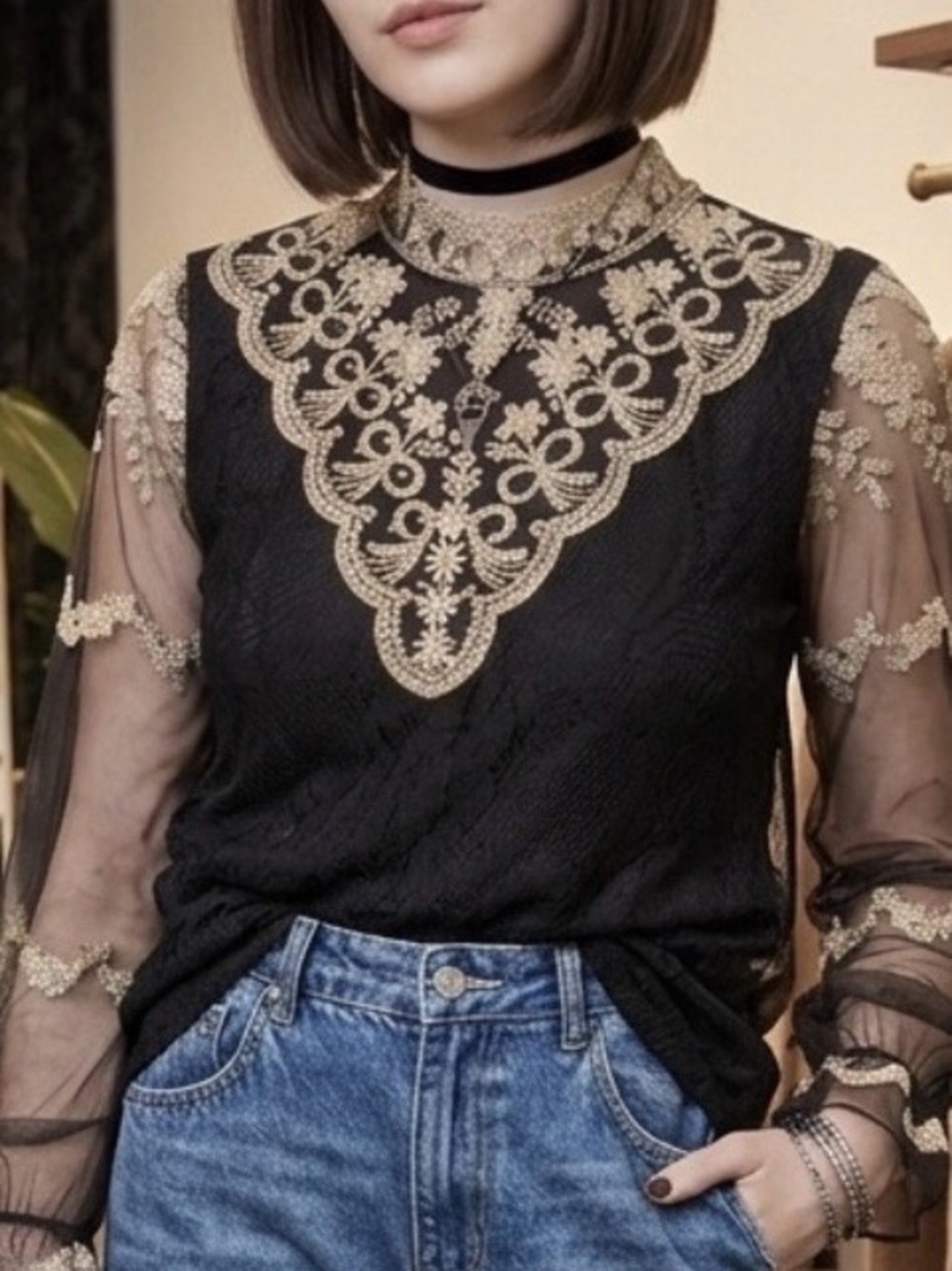 Vintage Black Lace Blouse Pearl Bead Floral Sheer. Whimsigoth, Fairy, Victorian